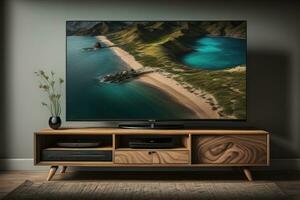 TV on the wooden cabinet in modern living room. ai generative photo