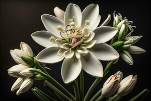 Beautiful white lilies on solid color background, closeup. Floral decor. ai generative photo