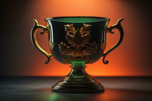 Golden trophy cup on wooden table. Award concept. ai generative photo