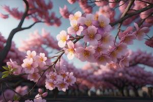 cherry blossom sakura flower on blue sky background, ai generative photo