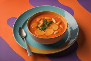 Vegetable soup in a bowl on wooden background. ai generative photo