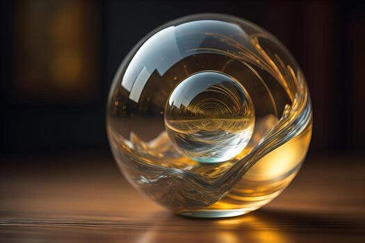 Transparent crystal ball on a wooden table. ai generative photo