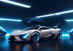 Futuristic black sports car in neon light. ai generative photo