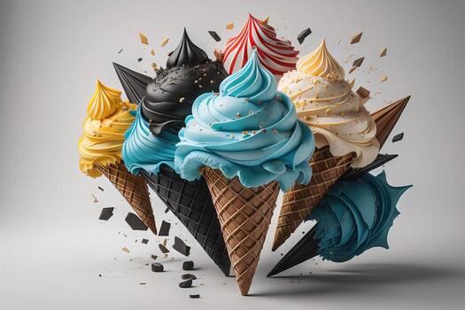 Ice cream in waffle cone on blue background, top view, flat lay. ai generative photo