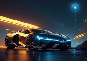 Futuristic black sports car in neon light. ai generative photo