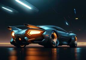 Futuristic black sports car in neon light. ai generative photo