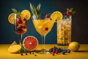 Glasses of sangria with fruits and berries on solid color background. ai generative photo