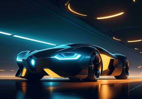 Futuristic black sports car in neon light. ai generative photo