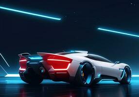 Futuristic black sports car in neon light. ai generative photo