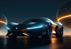 Futuristic black sports car in neon light. ai generative photo