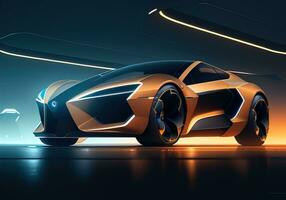 Futuristic black sports car in neon light. ai generative photo