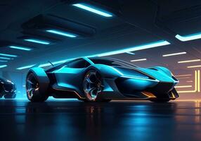 Futuristic black sports car in neon light. ai generative photo