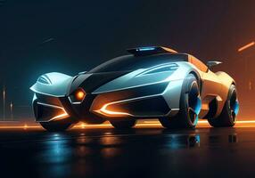 Futuristic black sports car in neon light. ai generative photo