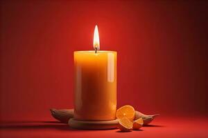 Creative burning candle on a wooden background. ai generative photo