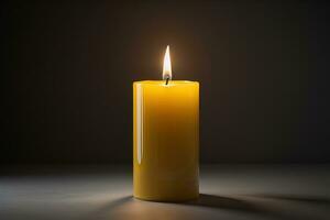 Burning aroma candle on wooden table against solid color background, copyspace. ai generative photo