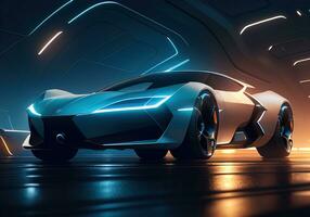 Futuristic black sports car in neon light. ai generative photo