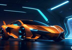 Futuristic black sports car in neon light. ai generative photo