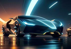 Futuristic black sports car in neon light. ai generative photo