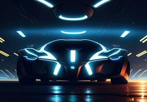 Futuristic black sports car in neon light. ai generative photo