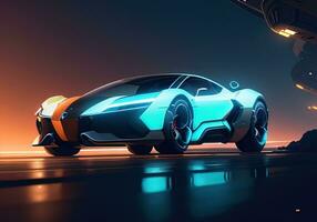 Futuristic black sports car in neon light. ai generative photo