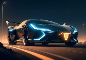 Futuristic black sports car in neon light. ai generative photo