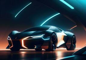 Futuristic black sports car in neon light. ai generative photo