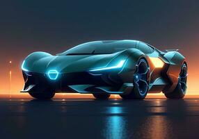 Futuristic black sports car in neon light. ai generative photo