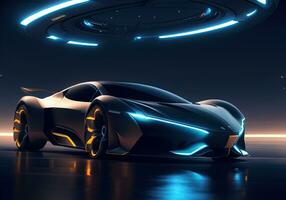 Futuristic black sports car in neon light. ai generative photo