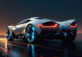Futuristic black sports car in neon light. ai generative photo