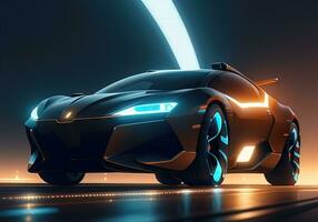 Futuristic black sports car in neon light. ai generative photo