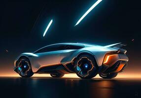 Futuristic black sports car in neon light. ai generative photo