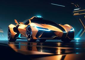 Futuristic black sports car in neon light. ai generative photo