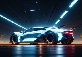 Futuristic black sports car in neon light. ai generative photo