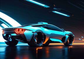 Futuristic black sports car in neon light. ai generative photo