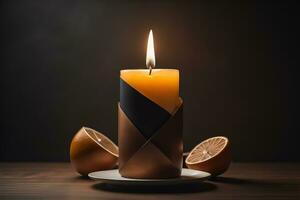 Creative burning candle on a wooden background. ai generative photo