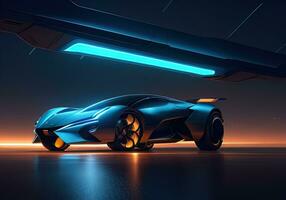 Futuristic black sports car in neon light. ai generative photo