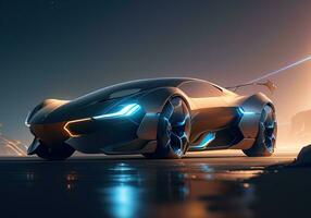 Futuristic black sports car in neon light. ai generative photo