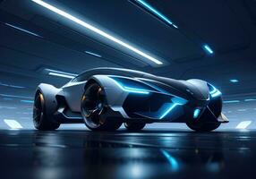 Futuristic black sports car in neon light. ai generative photo