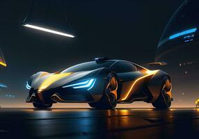 Futuristic black sports car in neon light. ai generative photo