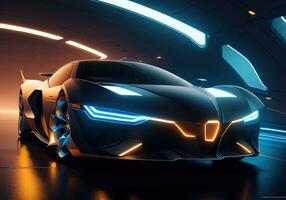 Futuristic black sports car in neon light. ai generative photo