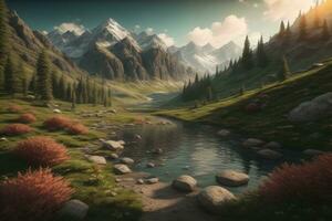 Beautiful fantasy landscape with a river in the mountains. ai generative photo