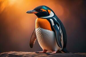 Cute penguin standing in front of solid color background. ai generative photo