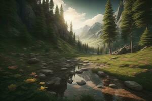 Beautiful fantasy landscape with a river in the mountains. ai generative photo