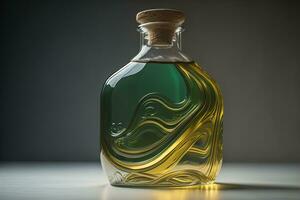 Bottle with a liquid on a solid color background. ai generative photo