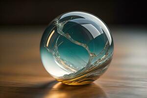 Transparent crystal ball on a wooden table. ai generative photo