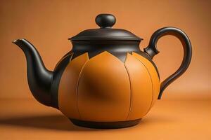 A ceramic teapot on a colid color background. ai generative photo