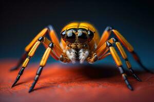 jumping spider closeup on solid color background, copyspace. ai generative photo