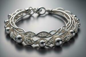 Silver necklace on a solid color background in close-up. ai generative photo