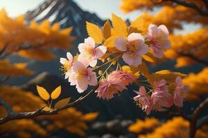 cherry blossom sakura flower on blue sky background, ai generative photo