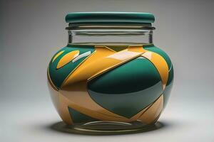 Glass vase with geometric pattern on dark background. Ai generative photo